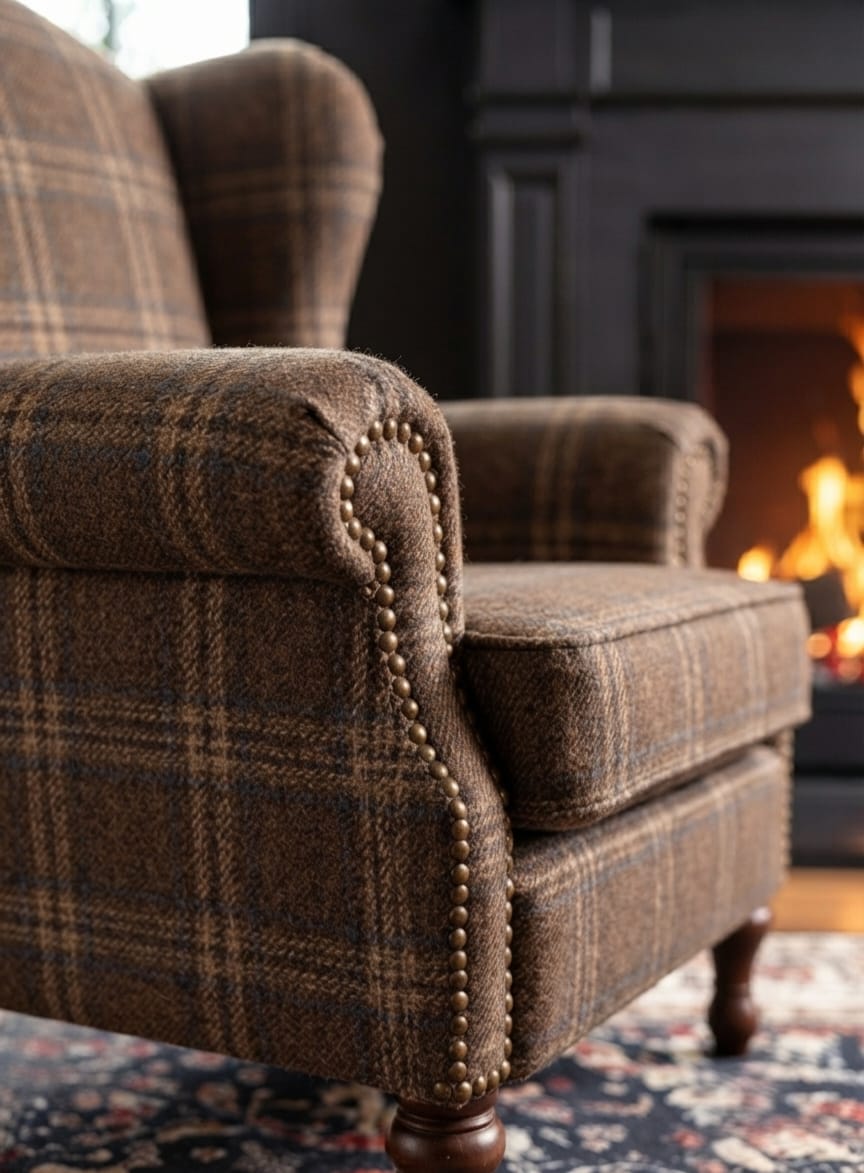 Classic Brown Plaid Wingback Sofa