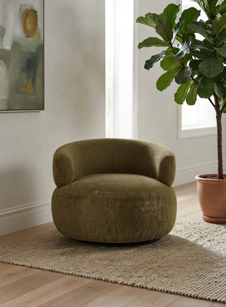 The Olive Chenille Swivel Barrel Chair