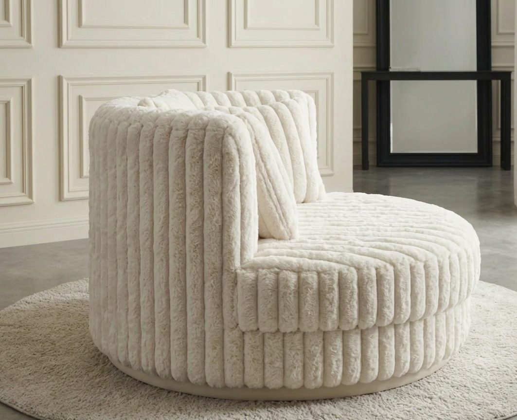 Ivory Plush Ribbed Peal Round Luxury Sofa Set