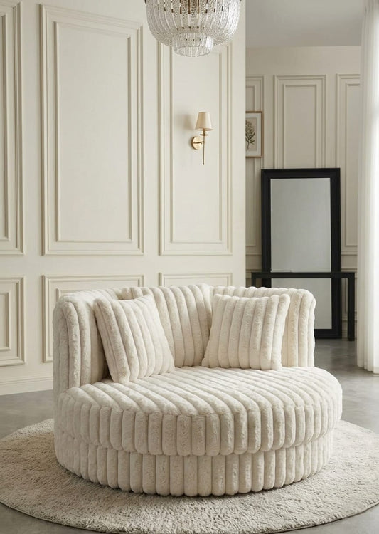 Ivory Plush Ribbed Peal Round Luxury Sofa Set