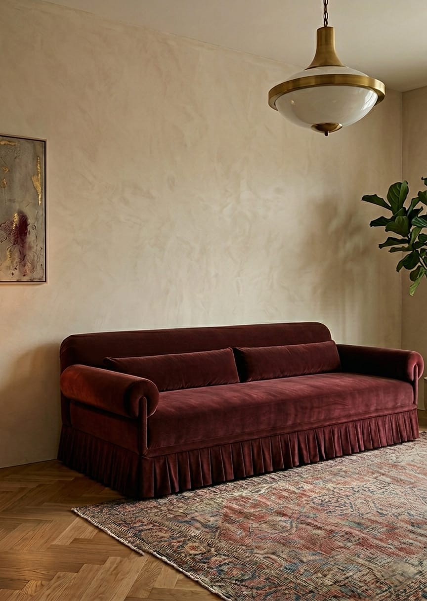 Bordeaux Velvet Skirt 3 Seater Sofa Set for Living Room