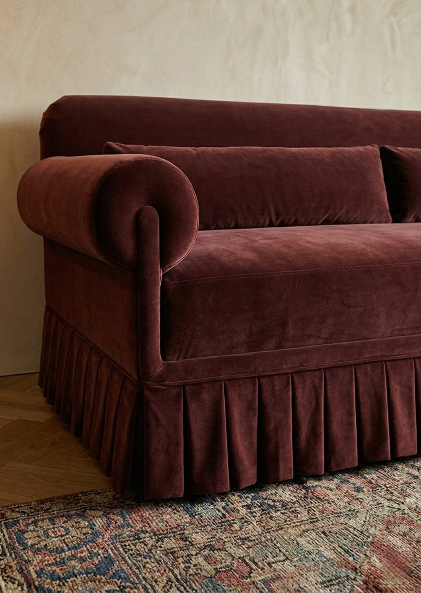 Bordeaux Velvet Skirt 3 Seater Sofa Set for Living Room