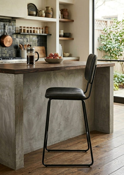 Charcoal Leather Bar Chair with Black Metal Frame