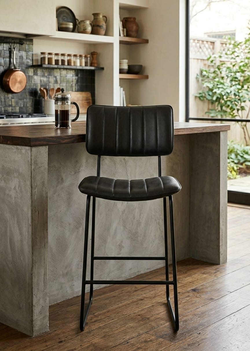 Charcoal Leather Bar Chair with Black Metal Frame