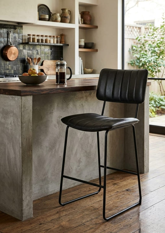 Charcoal Leather Bar Chair with Black Metal Frame