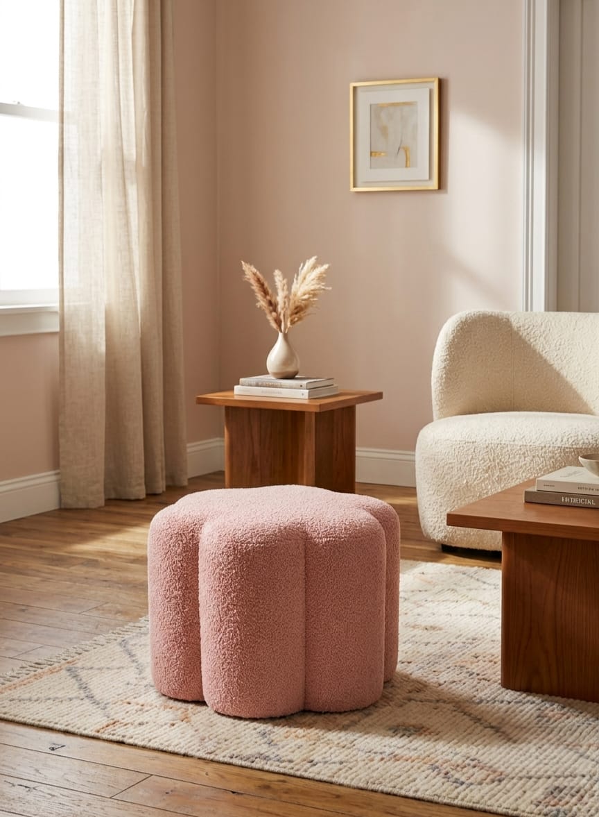Blush Bouclé Ottoman Stool