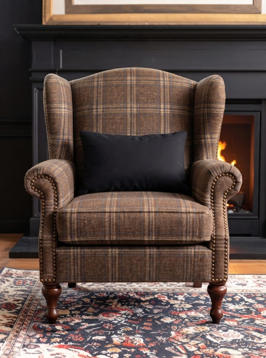 Classic Brown Plaid Wingback Sofa