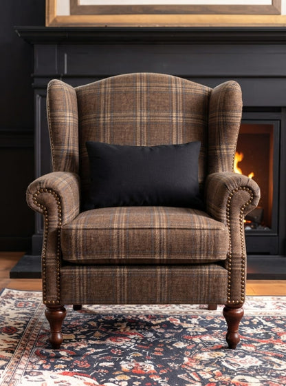 Classic Brown Plaid Wingback Sofa