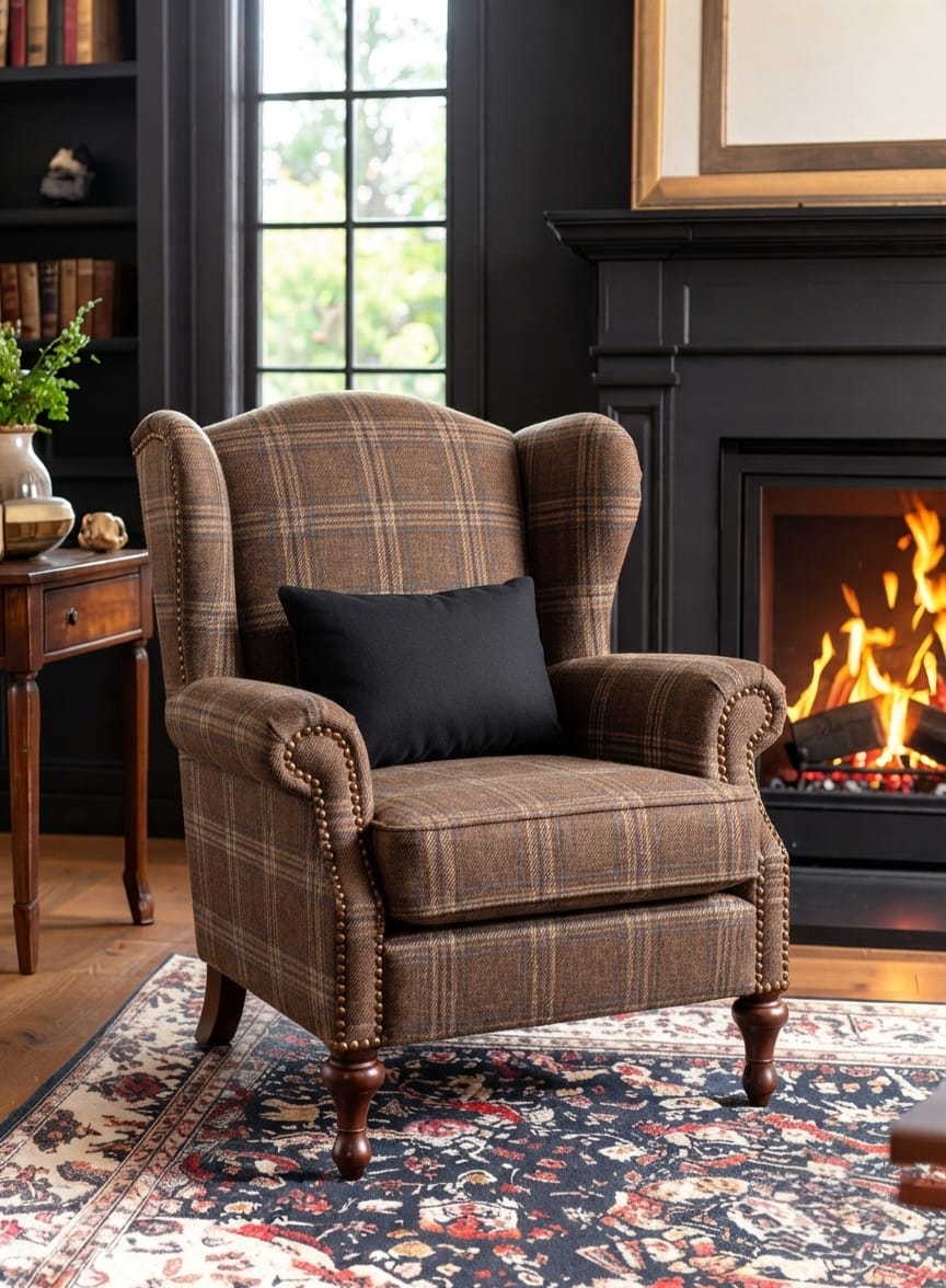 Classic Brown Plaid Wingback Sofa