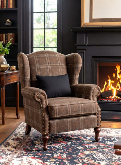 Classic Brown Plaid Wingback Sofa