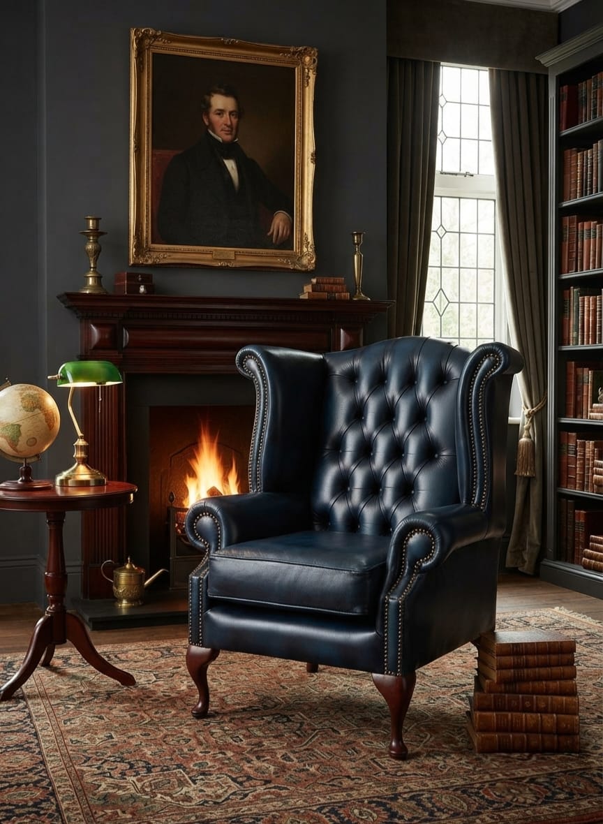 Chesterfield Royal Blue Leather High-Back Sofa