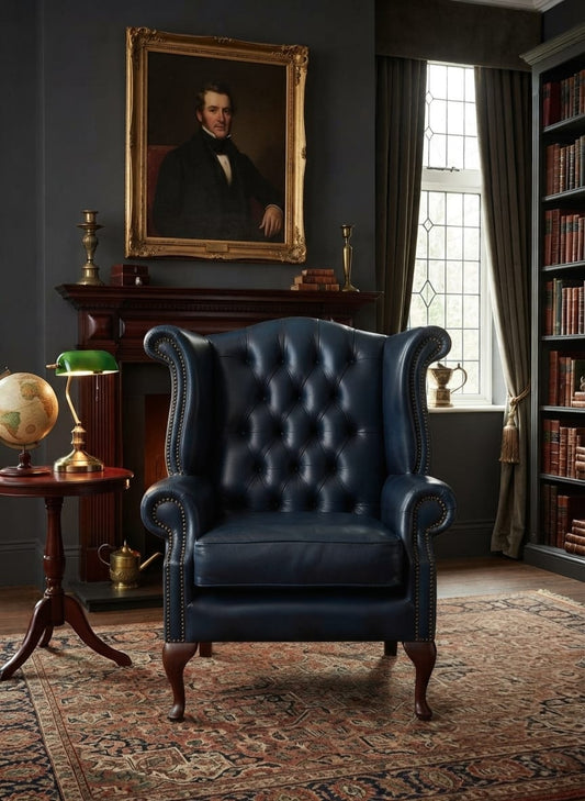 Chesterfield Royal Blue Leather High-Back Sofa