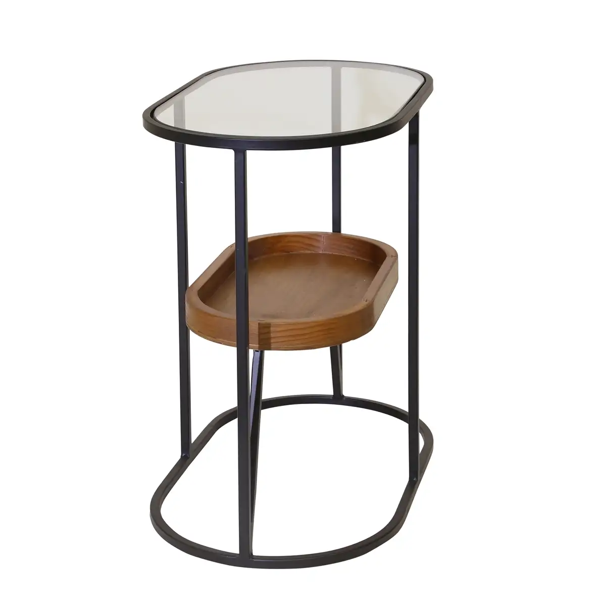 Iron Wooden End Table With Black Powder Coat Frame.