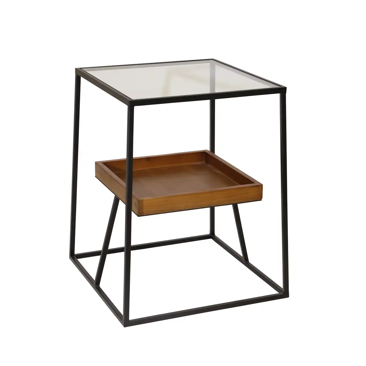 Iron Wooden End Table With Glass Top.